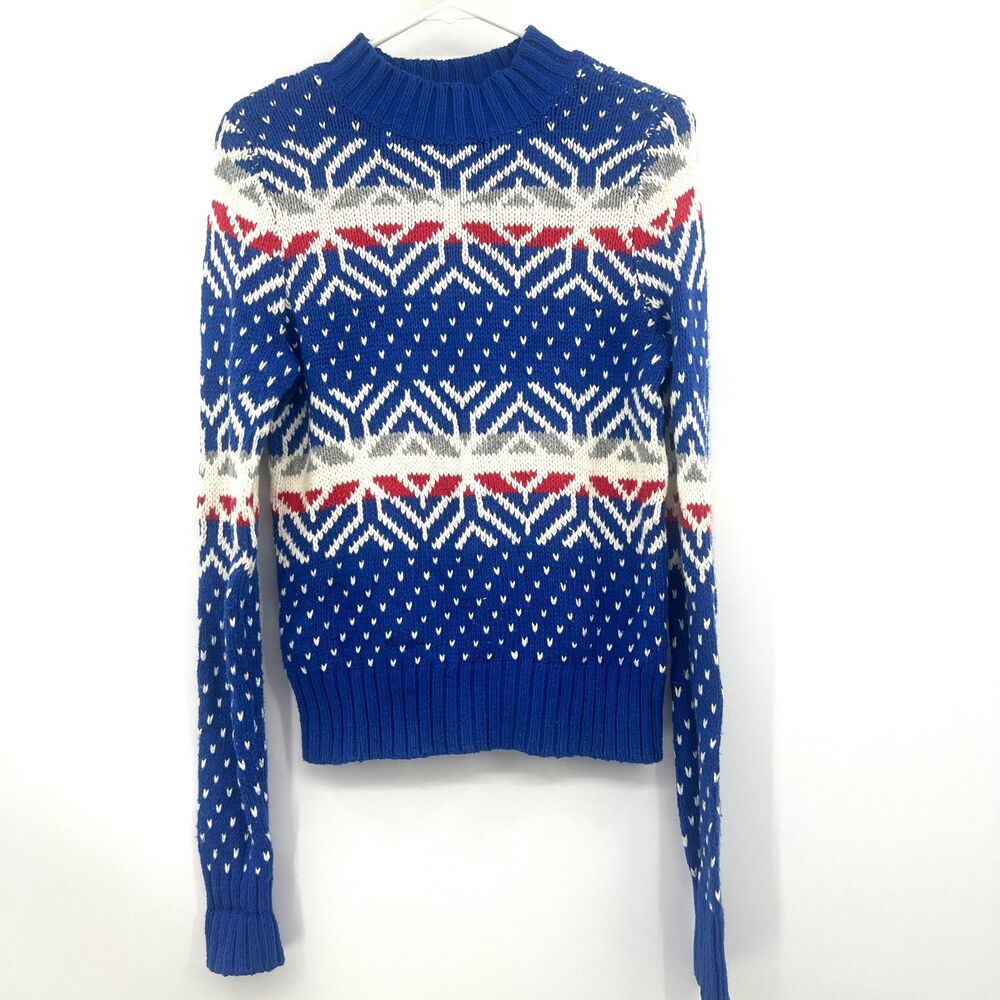 Abercrombie & Fitch Fair Isle Sweater Womens M Blue Red Nordic Snowflake Knit